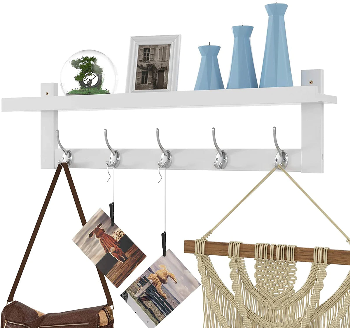 New HOMFA BAMBOO ENTRYWAY WALL SHELF 5 Dual Metal Hooks, White ...