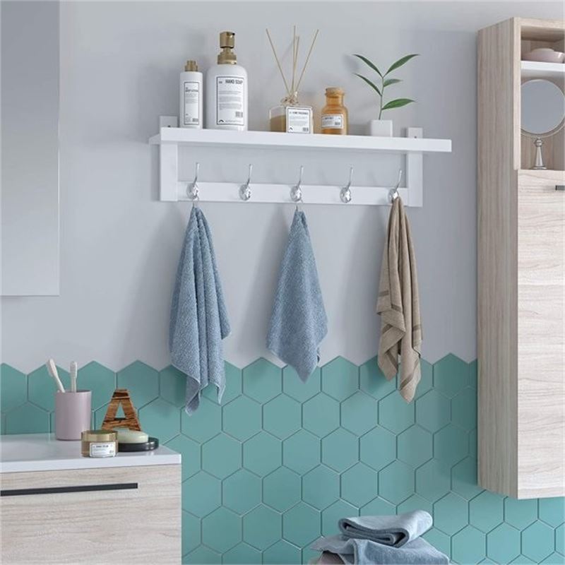 New HOMFA BAMBOO ENTRYWAY WALL SHELF 5 Dual Metal Hooks, White ...